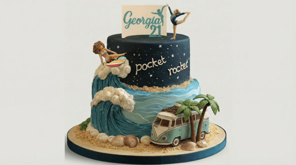 AI-generated image of a “Pocket Rocket” themed 21st birthday cake with ocean waves, a vintage van, and a starry night top tier.