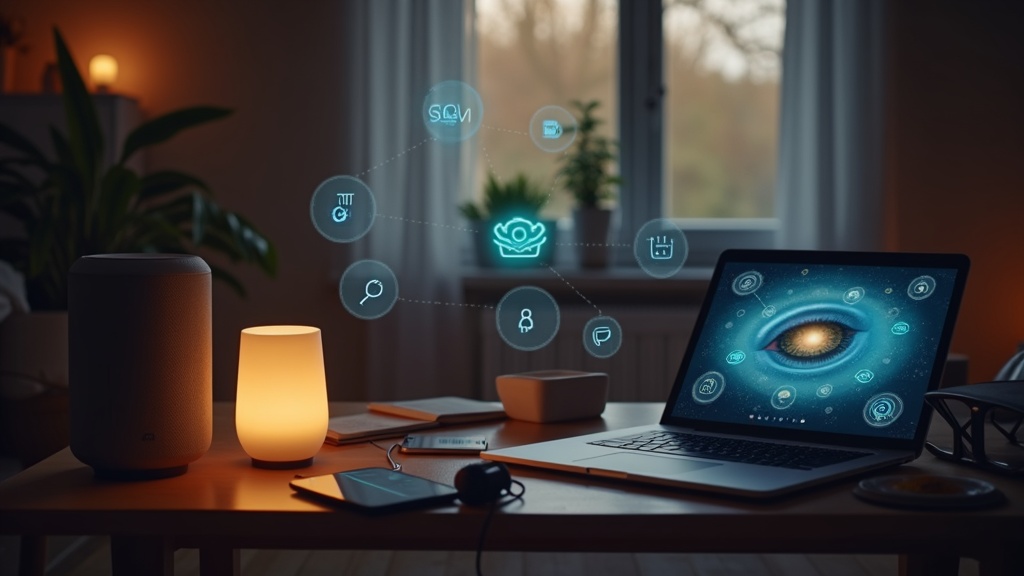 A collection of everyday objects and digital devices, such as a phone, smart speaker, laptop, and kitchen gadgets, with subtle glowing AI icons connecting them in a cozy home setting.