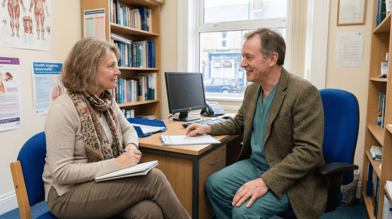 Patient speaking with a doctor during a clinic appointment.