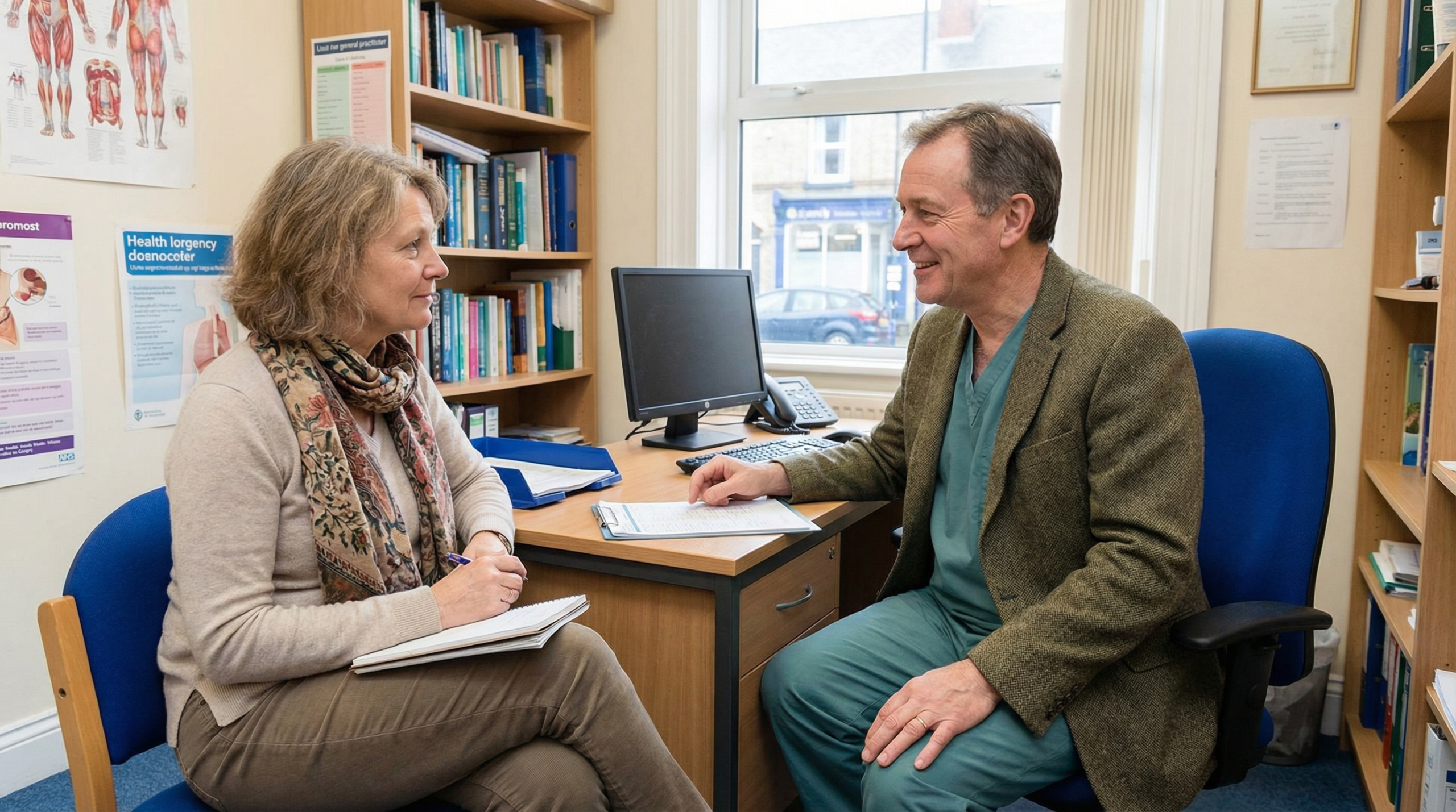 Patient speaking with a doctor during a clinic appointment.