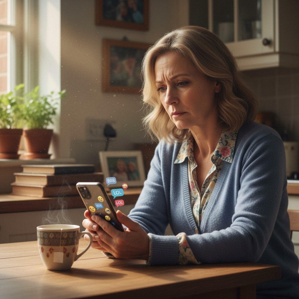 Older woman feeling unsure how to text her family, looking at her phone with chat icons, before using gentle AI to help her find the right words.