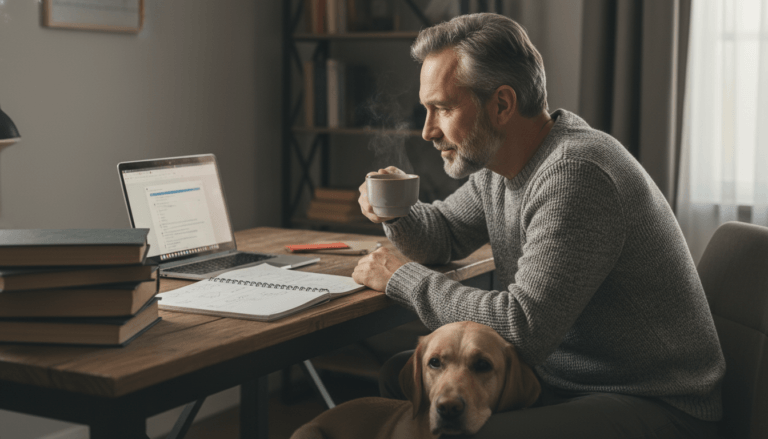 Person learning calmly at home with a laptop, notebook and a cup of tea, with a dog nearby