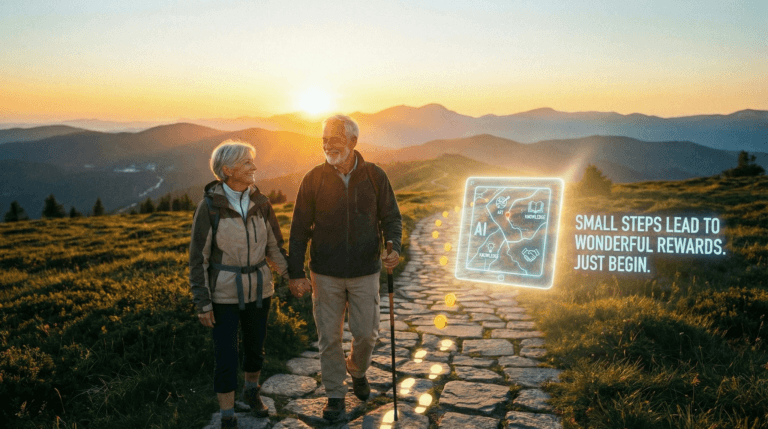 Older couple walking along a sunlit path at sunrise with the words “Small steps lead to wonderful rewards. Just begin.”