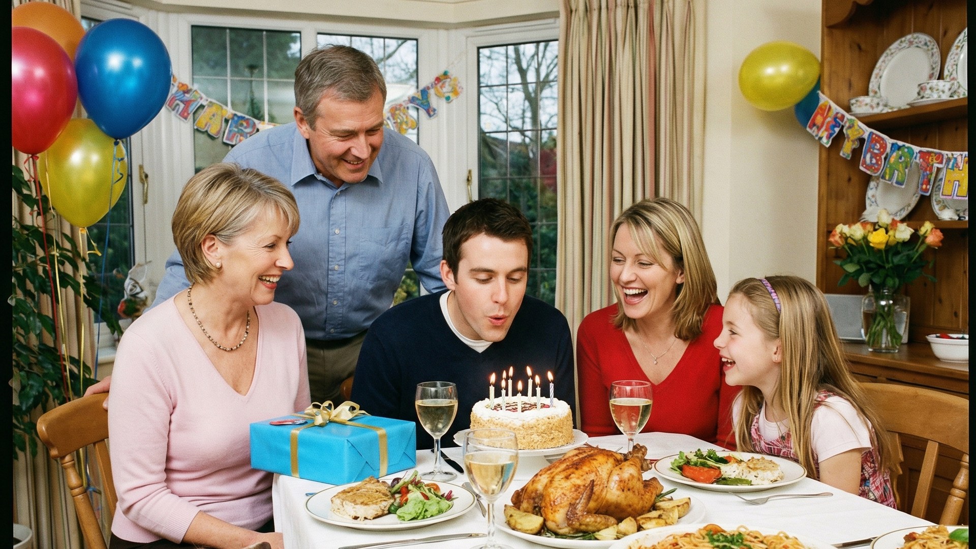 Family enjoying a birthday dinner celebration at home
