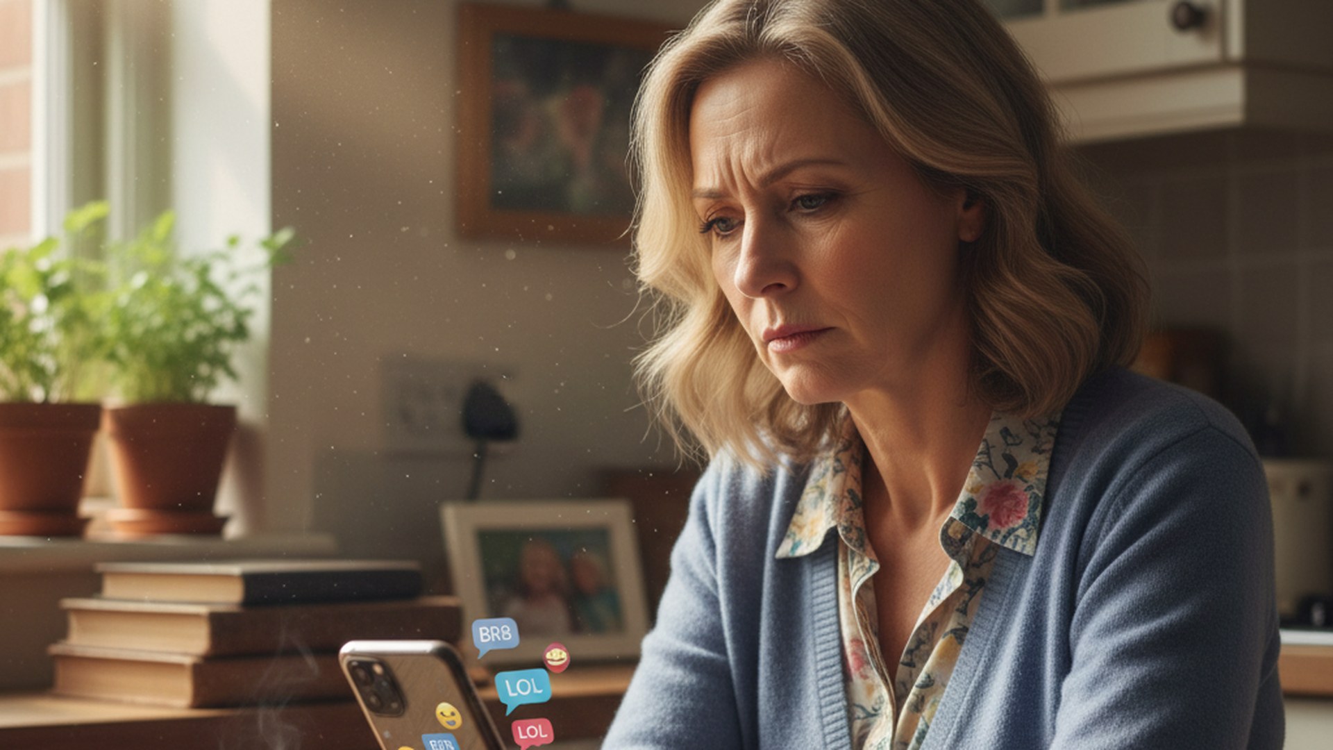 Woman looking at her phone, feeling unsure about what to write in a message