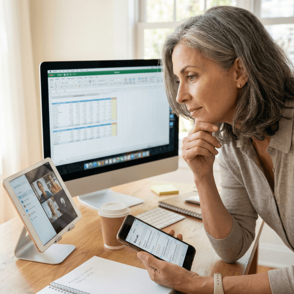 Older woman at a home desk using a smartphone, with a spreadsheet on her computer screen and a video call on her tablet, representing starting to use AI tools on one device.