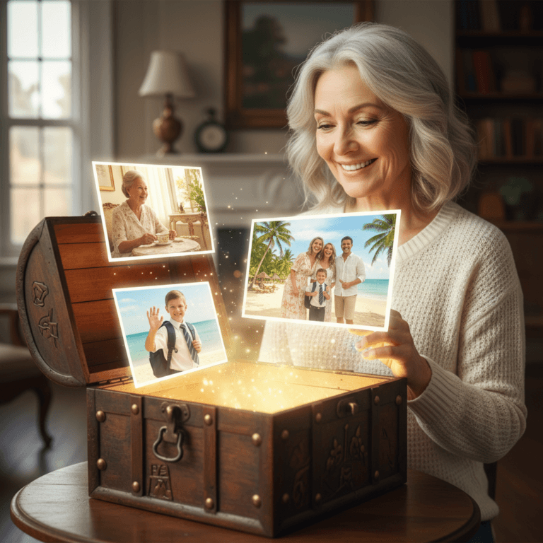 Smiling older woman opening a wooden treasure chest with glowing family photos floating out, symbolising the joy of revisiting memories.