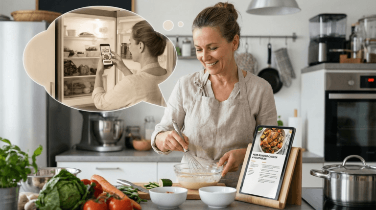 Woman cooking in a home kitchen with fresh ingredients and a recipe displayed on a tablet.