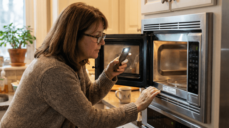 Person using a phone to read the model number label on a microwave oven.