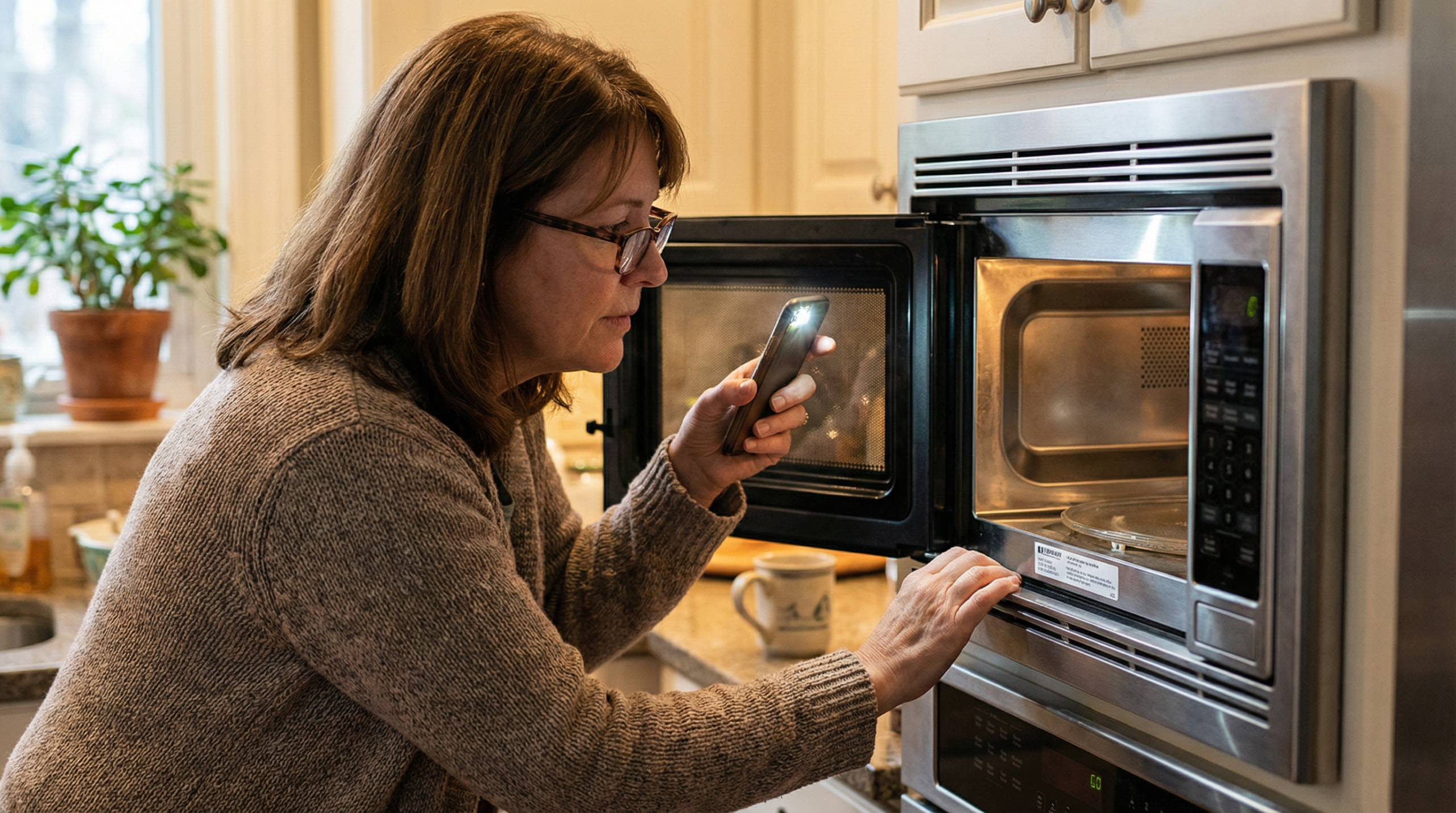 Person using a phone to read the model number label on a microwave oven.