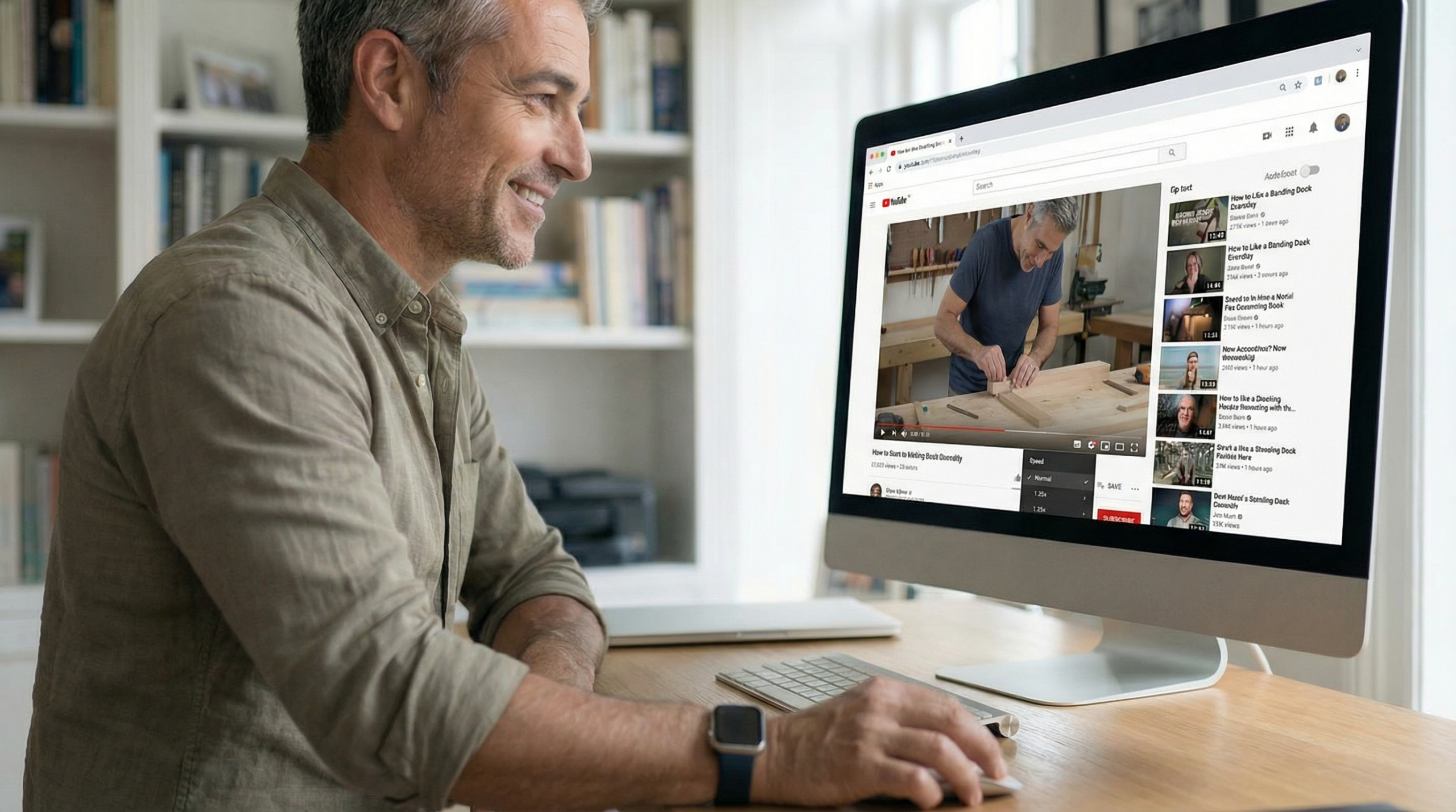Person watching a YouTube how-to video on a desktop computer.