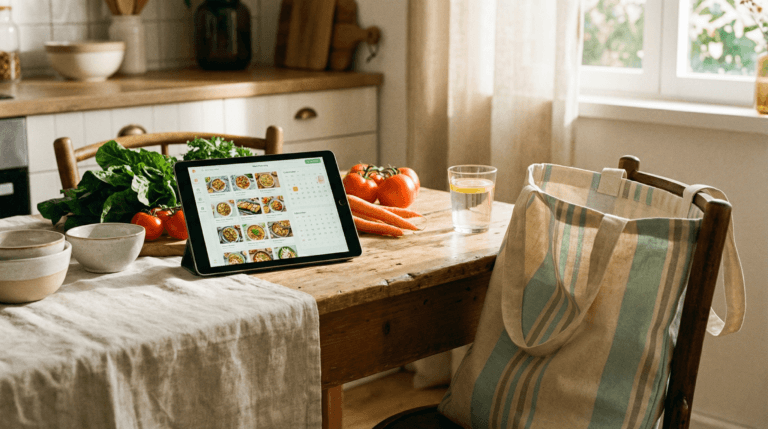Tablet showing a meal planning screen on a kitchen table beside fresh vegetables and a reusable shopping bag.