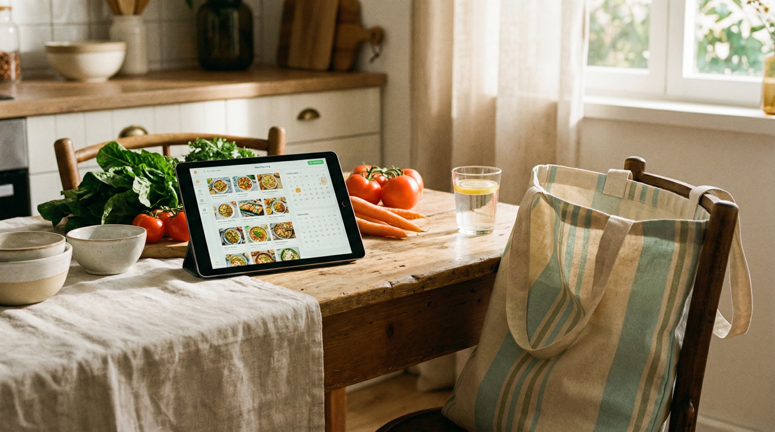 Tablet showing a meal planning screen on a kitchen table beside fresh vegetables and a reusable shopping bag.